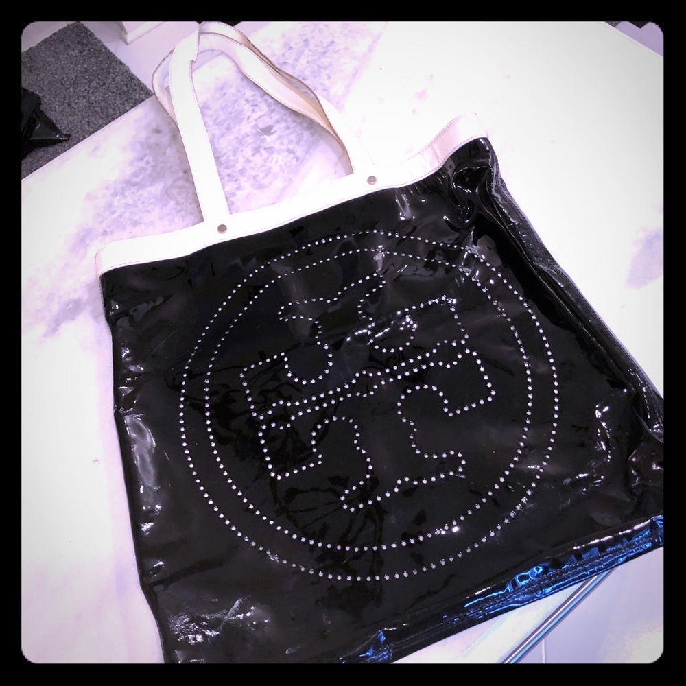 Tory Burch Black and white patent leather tote